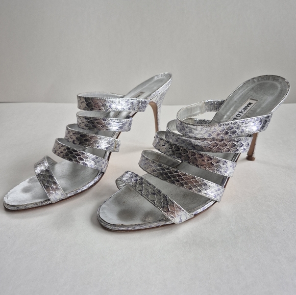 Manolo Blahnik Shoes Silver Strappy Snakeskin Leather Slip On Size 40 (8.5) - Picture 3 of 15